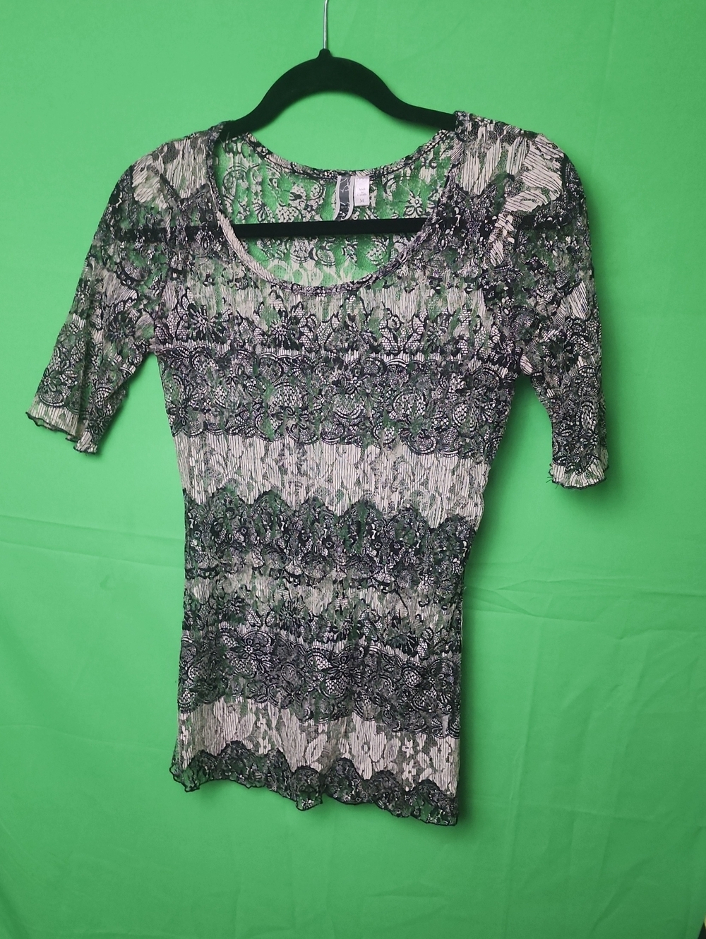 BKE Boutique Sheer Mesh Lace Stripe Scoop Neck Top Green Black M